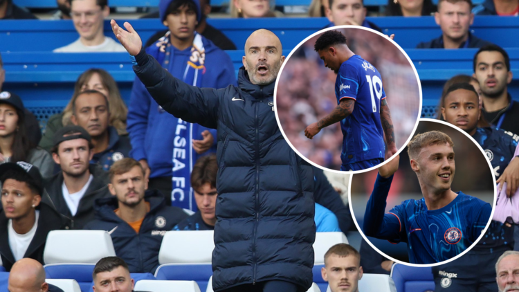 Enzo Maresca Manager of Chelsea looks frustrated during the Premier League match between Chelsea FC and Newcastle United FC with an inset of Jadon ...