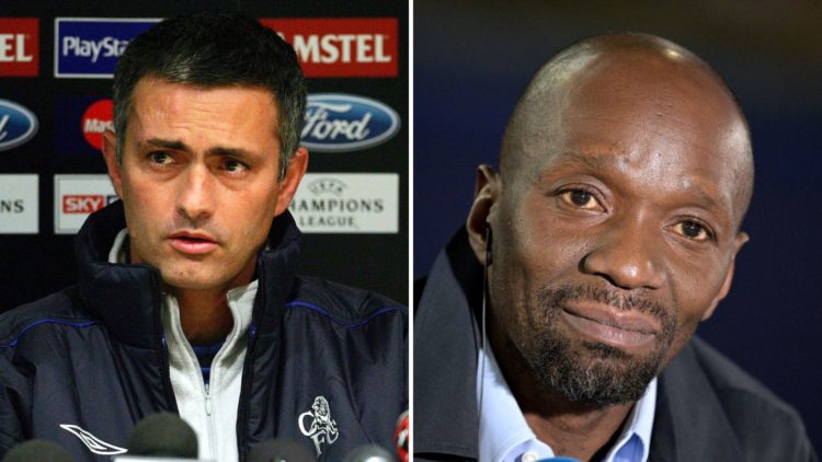 Left: Jose Mourinho gives a press conference for Chelsea in 2004. Right: Claude Makélélé attends the UEFA Champions League match between Paris Sain...