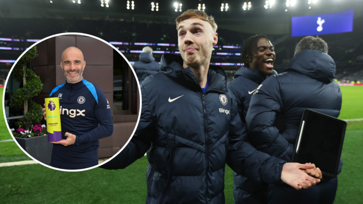 Cole Palmer of Chelsea celebrates following the team's victory in the Premier League match between Tottenham Hotspur FC and Chelsea FC with an inse...