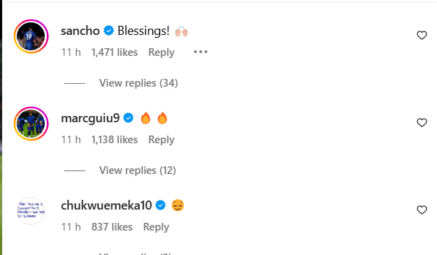 Jadon Sancho, Marc Guou and Carney Chulwuemeka comment on Tyrique George's Instagram