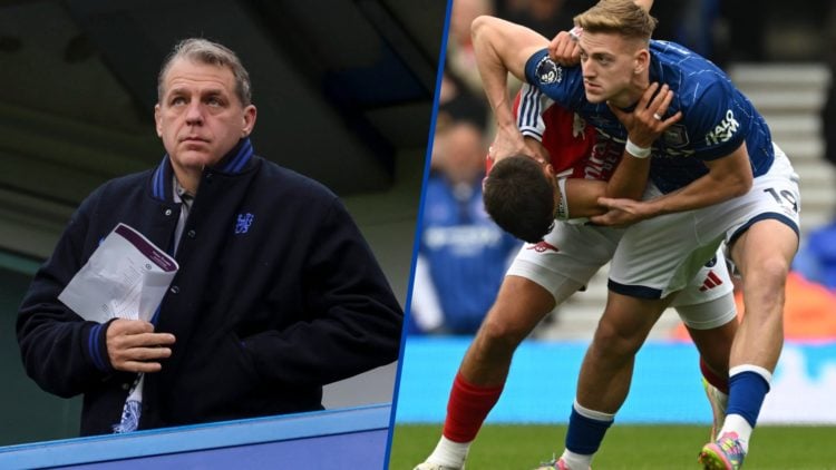 Split image - Chelsea owner Todd Boehly looking serious and Ipswich striker Liam Delap wrestling with defender