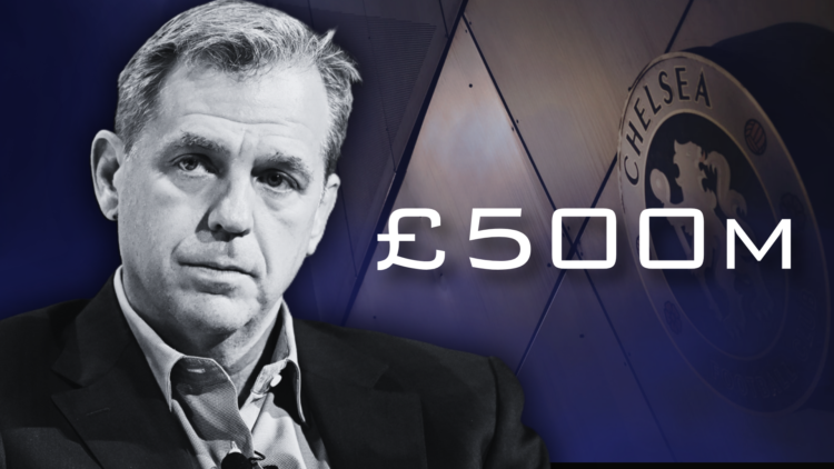 A black and white image of Chelsea owner Todd Boehly, superimposed over a shot of Stamford Bridge, with '£500m' wordage