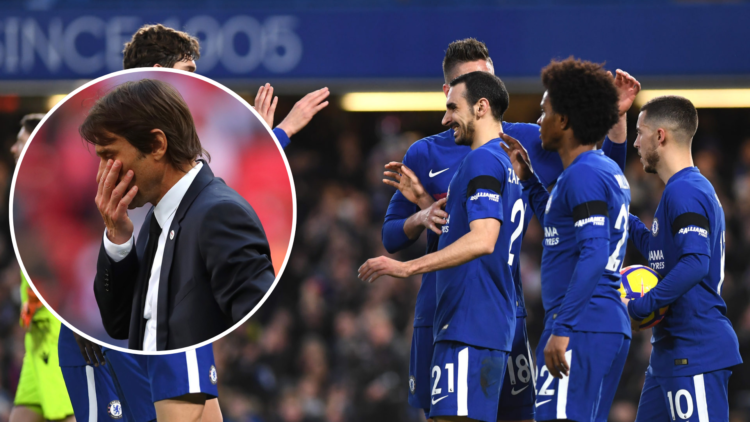Marcos Alonso of Chelsea celebrates with teamamte Davide Zappacosta after their sides second goal with an inset of Chelsea Head Coach / Manager Ant...