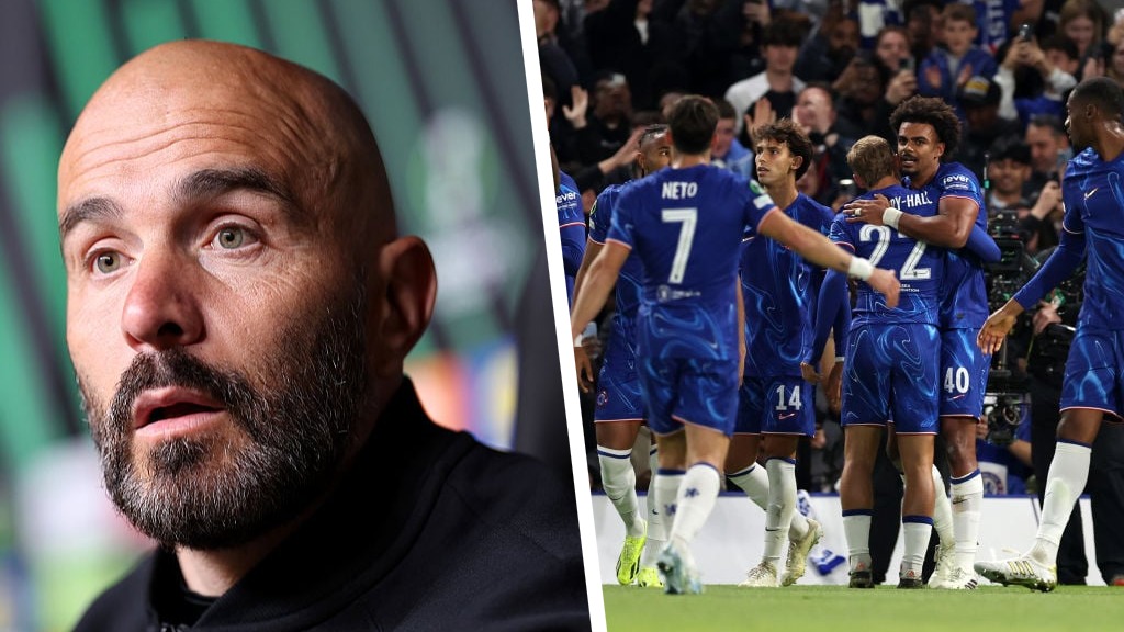 Enzo Maresca, Manager of Chelsea, speaks to the media in a post match press conference after defeating Legia Warszawa. Pic 2: Renato Veiga of Chels...