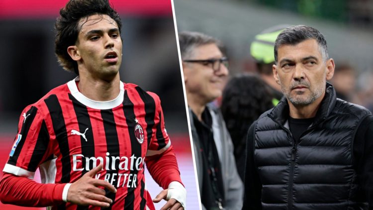 Split image - AC Milan forward Joao Felix running during game and Sergio Conceicao looking towards football pitch