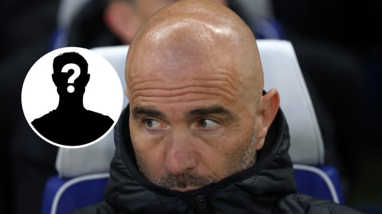 Enzo Maresca sitting down in dugout with inset of mystery figure