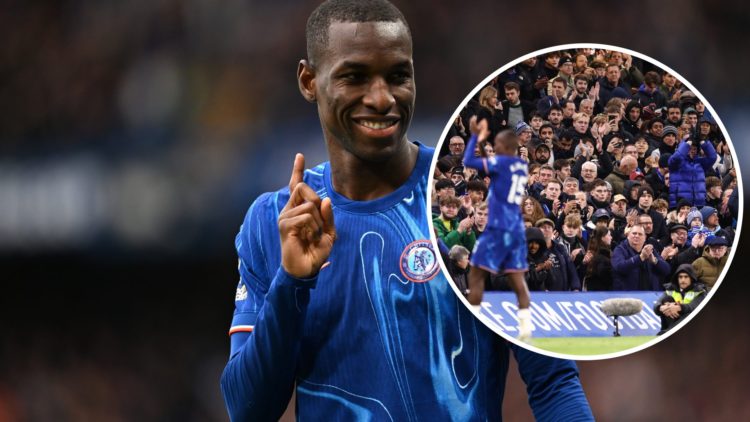 Chelsea striker Nicolas Jackson smiling with inset of Chelsea fans applauding
