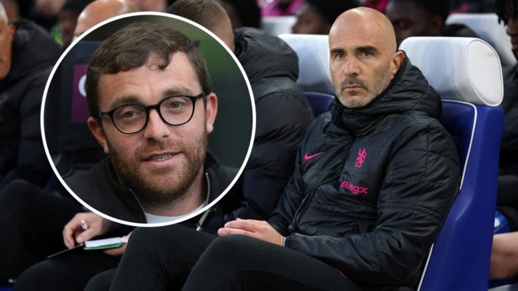 Chelsea manager Enzo Maresca sitting in dugout with inset of journalist Fabrizio Romano