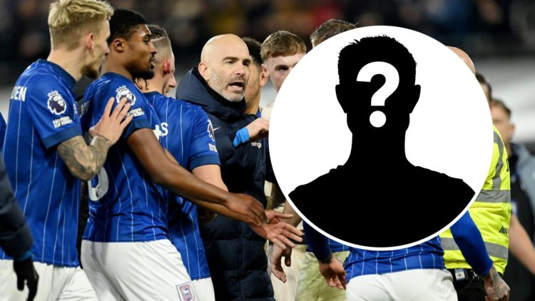 Chelsea manager Enzo Maresca with Ipswich Town players and inset of mystery figure icon