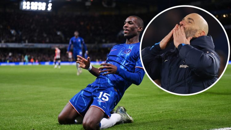 Chelsea striker Nicolas Jackson celebrating goal with inset of Enzo Maresca blowing kiss