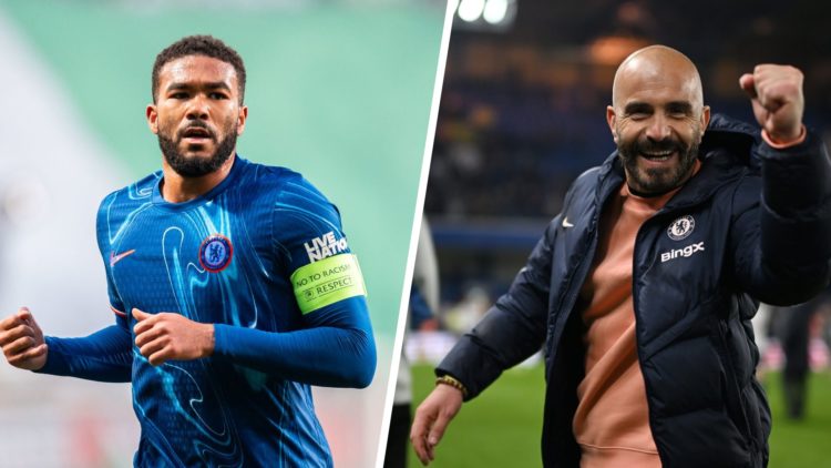 Enzo Maresca, Manager of Chelsea, celebrates victory after the Premier League match between Chelsea FC and Tottenham Hotspur. Reece James of Chelse...
