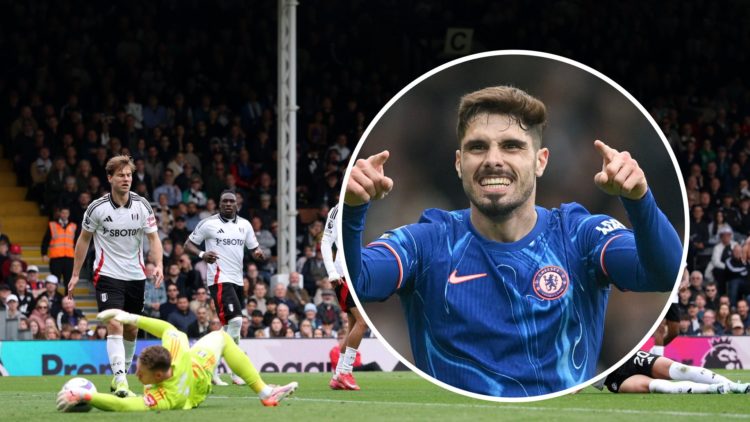 Fulham goalkeeper Bernd Leno making save with inset of Chelsea winger Pedro Neto celebrating