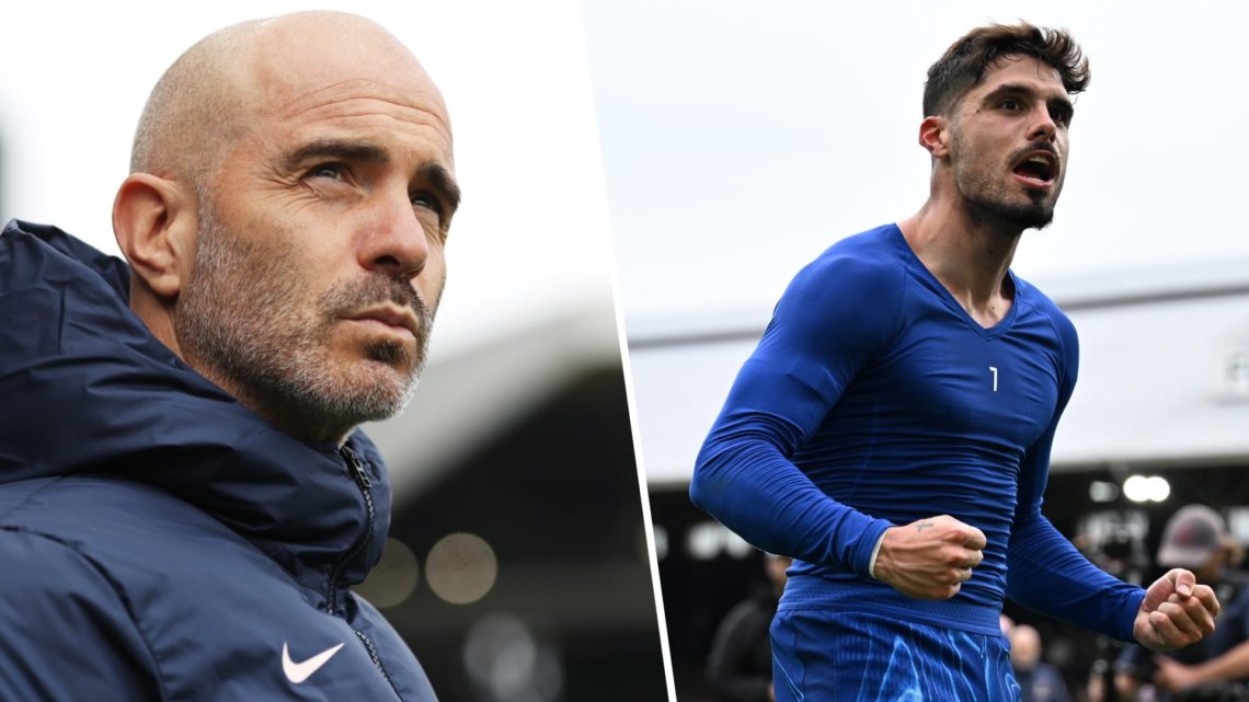 Split image - Chelsea manager Enzo Maresca and Pedro Neto celebrating his goal against Fulham