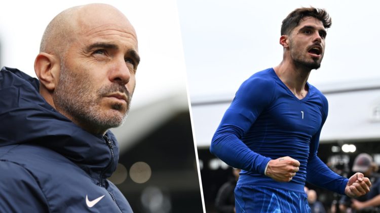 Split image - Chelsea manager Enzo Maresca and Pedro Neto celebrating his goal against Fulham
