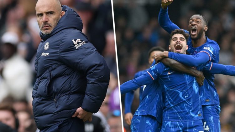 Enzo Maresca, Manager of Chelsea, reacts during the Premier League match between Fulham FC and Chelsea FC. Pedro Neto of Chelsea celebrates after s...