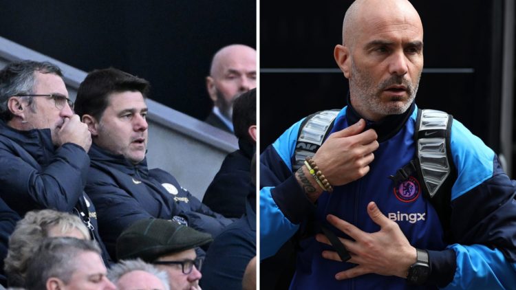 Split image - Mauricio Pochettino in St James' Park stands and Chelsea manager Enzo Maresca