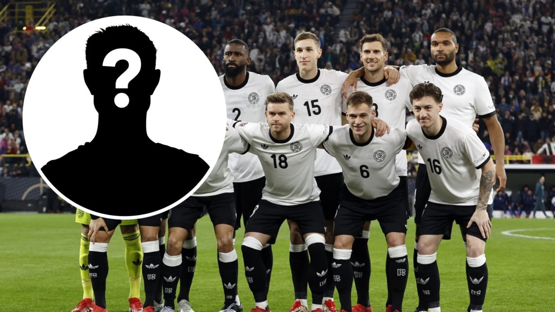 Jonathan Tah taking team picture with Germany players with inset of mystery player