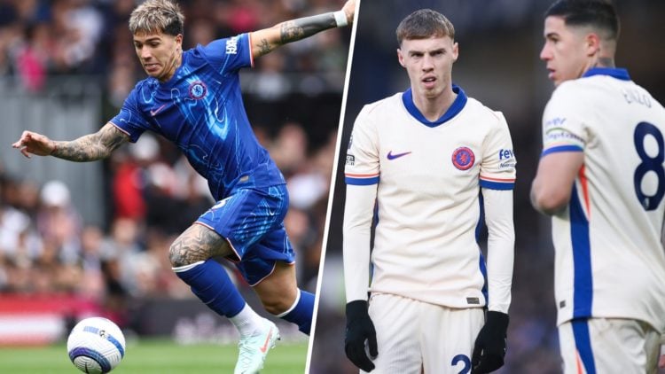 Split image - Chelsea midfielder Enzo Fernandez with the ball and Cole Palmer looking confused