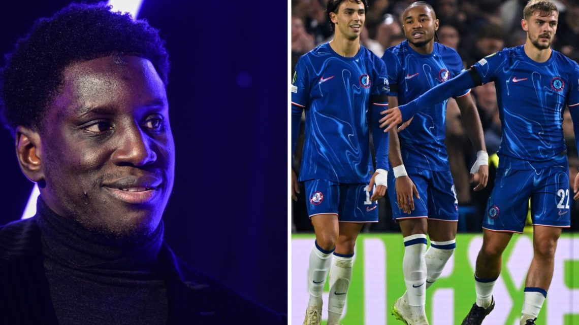 Split image - Demba Ba at Newcastle United event and Chelsea forward Christopher Nkunku celebrating with teammates