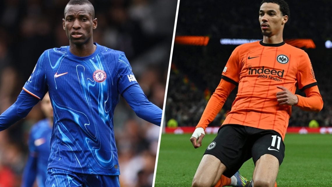 Split image - Chelsea striker Nicolas Jackson looking frustrated and Eintracht Frankfurt's Hugo Ekitike celebrating