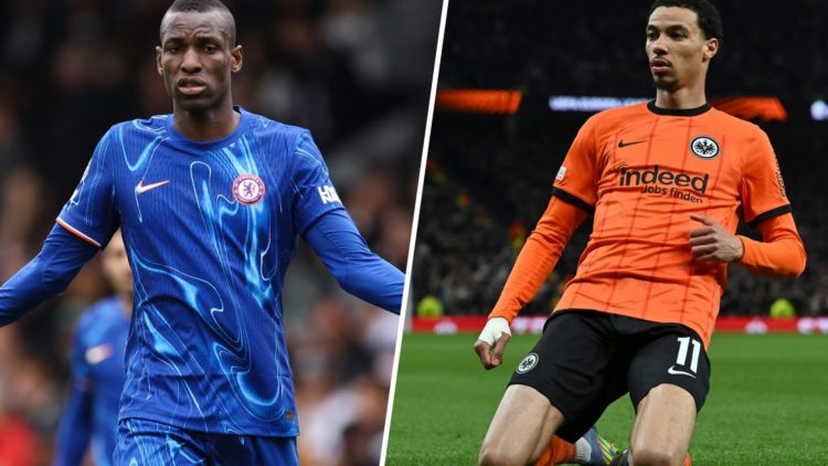 Split image - Chelsea striker Nicolas Jackson looking frustrated and Eintracht Frankfurt's Hugo Ekitike celebrating