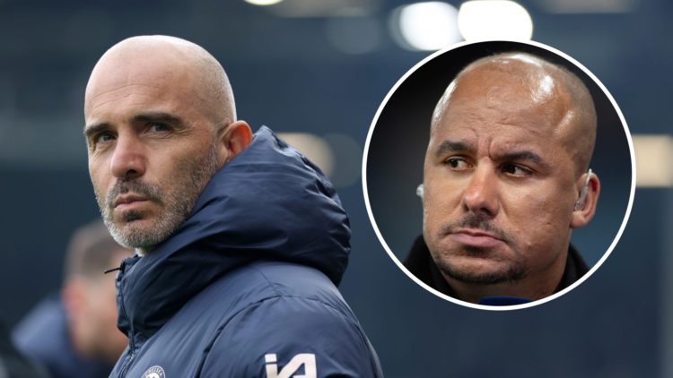Chelsea manager Enzo Maresca staring with inset of Gabriel Agbonlahor on punditry duty
