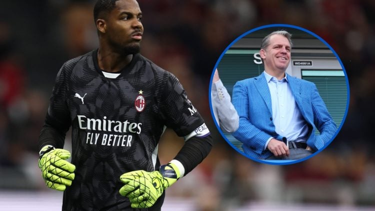 AC Milan goalkeeper Mike Maignan during game with inset of Chelsea owner Todd Boehly looking happy