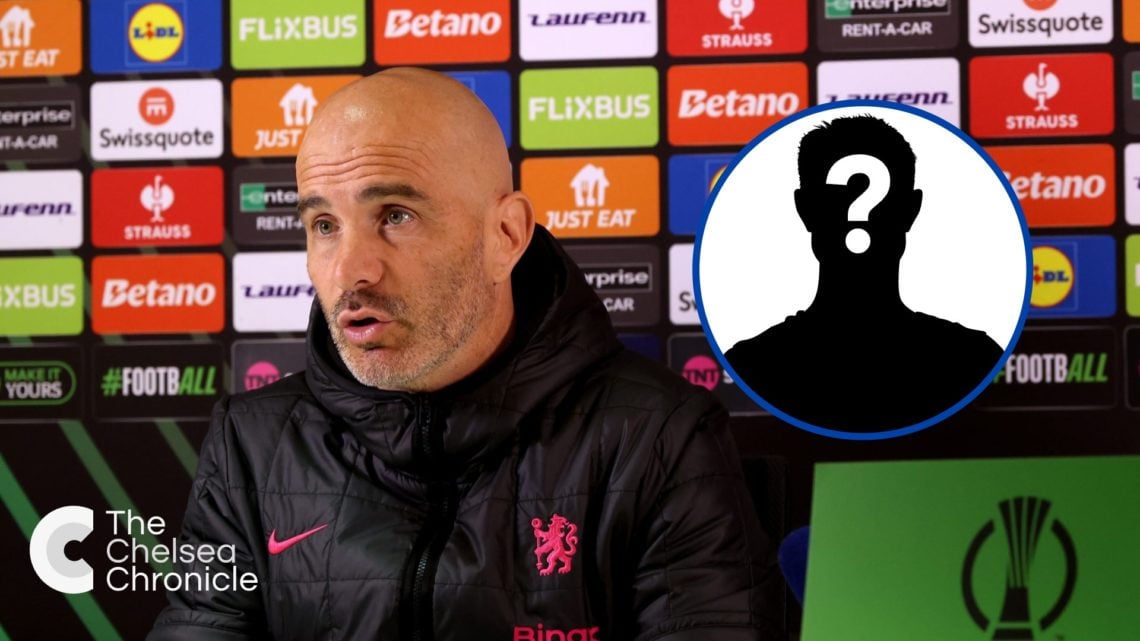 Chelsea manager Enzo Maresca during press conference with inset of mystery player