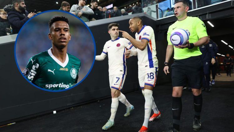 Chelsea forwards Christopher Nkunku and Pedro Neto talking with inset of Palmeiras winger Estevao Willian