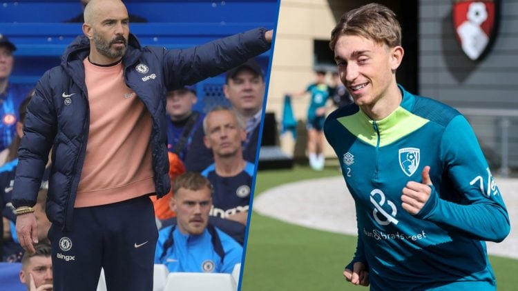Split image - Chelsea manager Enzo Maresca giving instructions and Bournemouth defender Dean Huijsen in training