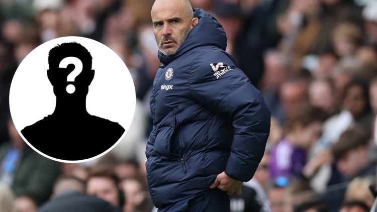 Chelsea manager Enzo Maresca looking serious with inset of mystery player