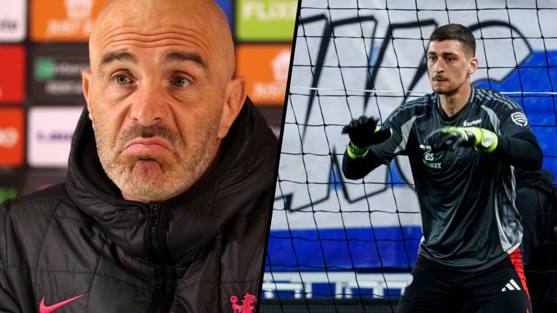 Split image - Chelsea manager Enzo Maresca during press conference and Strasbourg goalkeeper Djordje Petrovic during warm up
