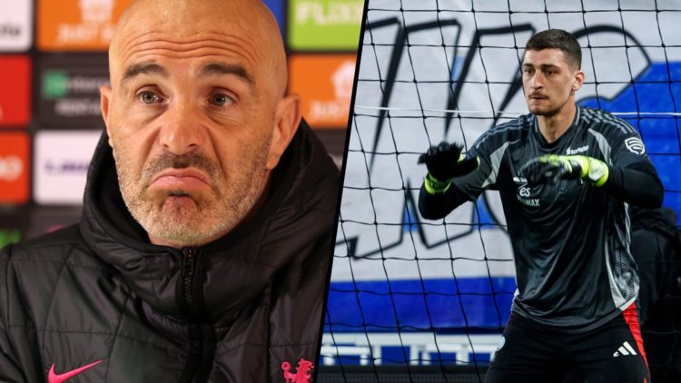 Split image - Chelsea manager Enzo Maresca during press conference and Strasbourg goalkeeper Djordje Petrovic during warm up