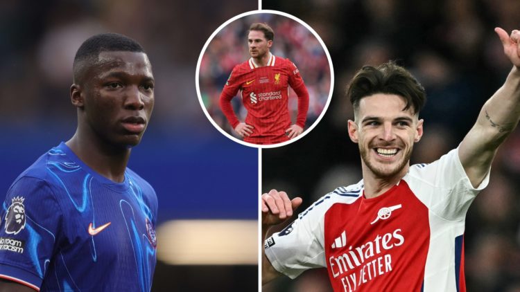 Moises Caicedo of Chelsea during the Premier League match between Chelsea FC and Ipswich Town FC. Arsenal's English midfielder #41 Declan Rice gest...