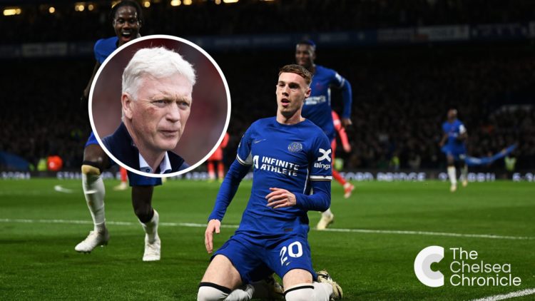 Cole Palmer of Chelsea celebrates scoring his team's second goal during the Premier League match between Chelsea FC and Everton FC. Everton's manag...