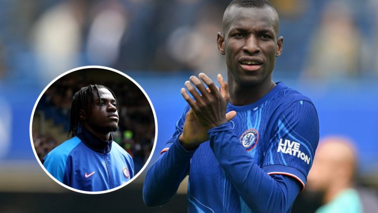 Nicolas Jackson of Chelsea applauds the fans during the Premier League match between Chelsea FC and Everton FC at Stamford Bridge. Romeo Lavia of C...
