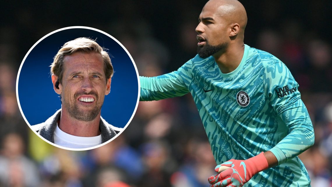 Chelsea goalkeeper Robert Sanchez pointing during game with inset of Peter Crouch on commentary duty