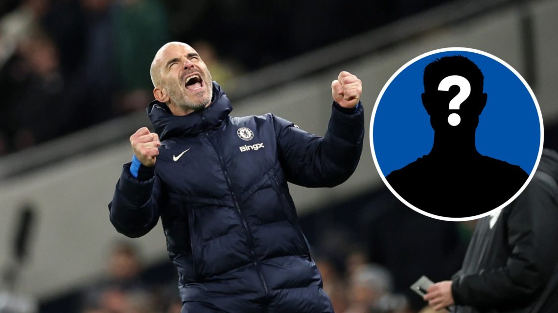Chelsea manager Enzo Maresca celebrating, inset of mystery player