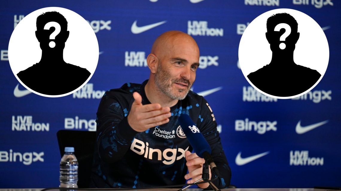 Chelsea manager Enzo Maresca smiling during press conference, inset of mystery player x2