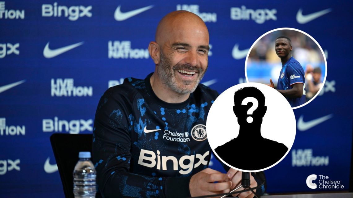 Head Coach Enzo Maresca of Chelsea during a press conference at Chelsea Training Ground. Moises Caicedo of Chelsea acknowledges the fans following ...