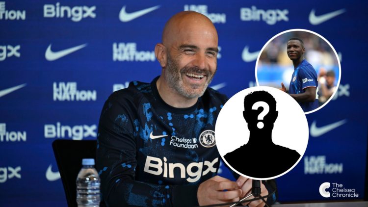 Head Coach Enzo Maresca of Chelsea during a press conference at Chelsea Training Ground. Moises Caicedo of Chelsea acknowledges the fans following ...