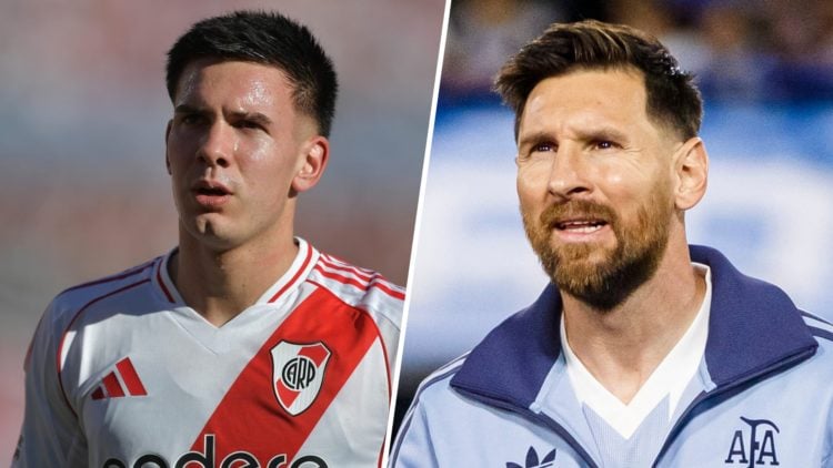 Split image - River Plate's Mastantuono during Superclasico and Lionel Messi before Argentina game