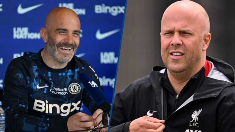 Split image - Chelsea manager Enzo Maresca smiling during press conference and Liverpool boss Arne Slot getting ready for training