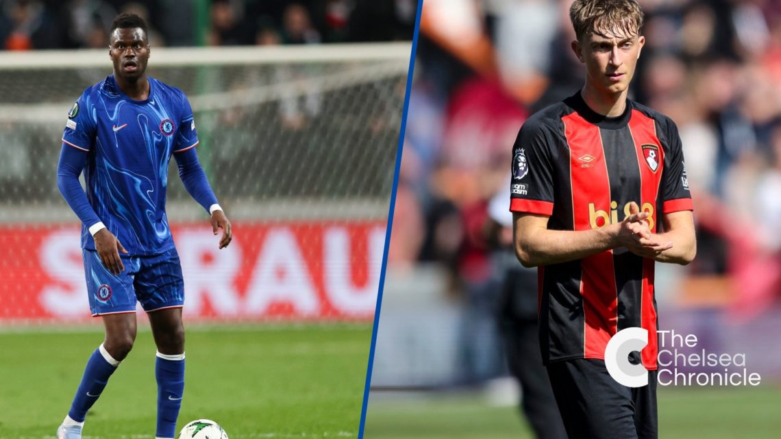 Split image - Chelsea defender Benoit Badiashile in action against Legia Warsaw and Bournemouth's Dean Huijsen rubbing his hands