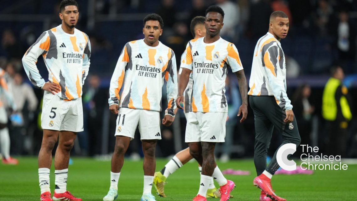 Real Madrid forward Rodrygo warming up with Jude Bellingham, Vinicius Junior and Kylian Mbappe