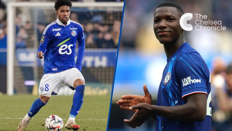 Split image - Strasbourg midfielder Andrey Santos with the ball and Chelsea star Moises Caicedo applauding supporters