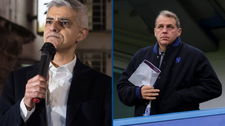 Split image - Mayor of London Sadiq Khan speaking at event and Chelsea co-owner Todd Boehly watching match