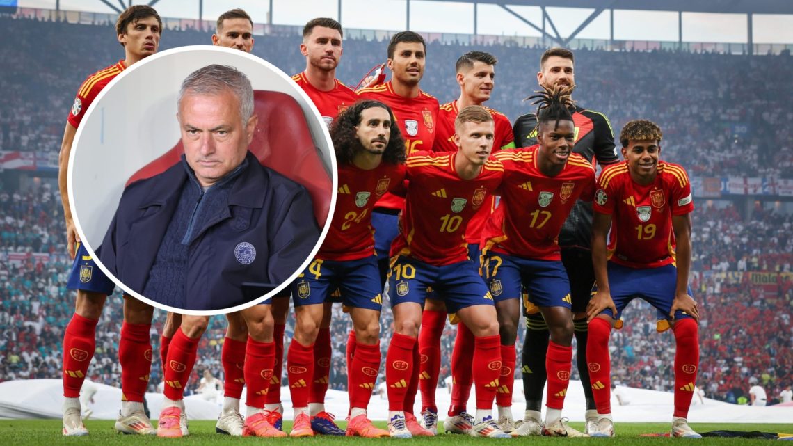Spain taking team photo, inset of Jose Mourinho looking serious before game