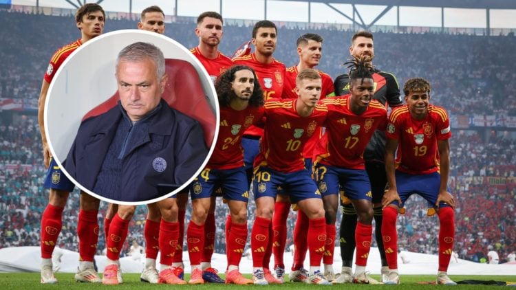 Spain taking team photo, inset of Jose Mourinho looking serious before game