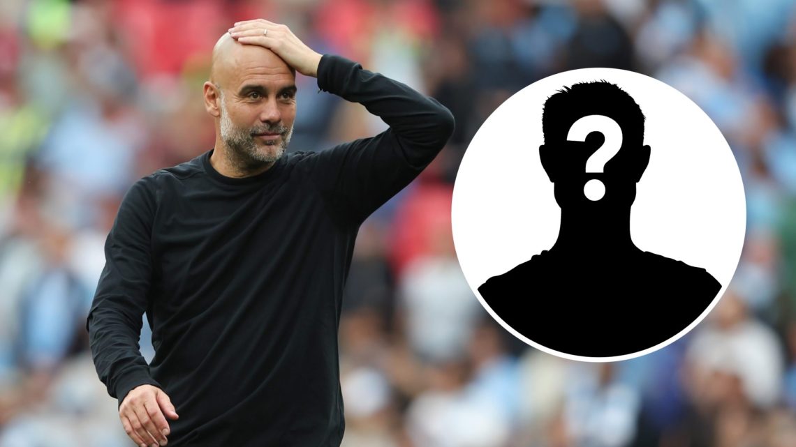 Manchester City manager Pep Guardiola with hand on head, inset of mystery player